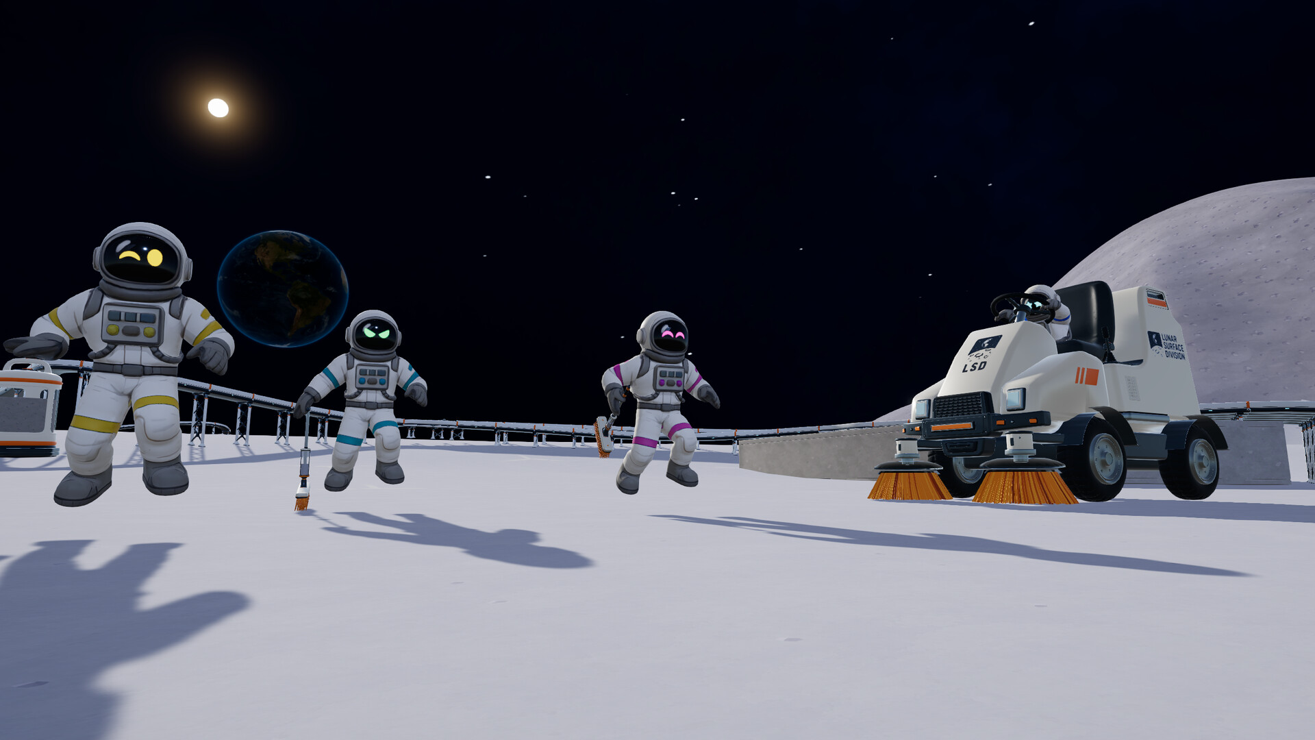 Moon Sweepers astronauts and a cleaning vehicle on the lunar surface